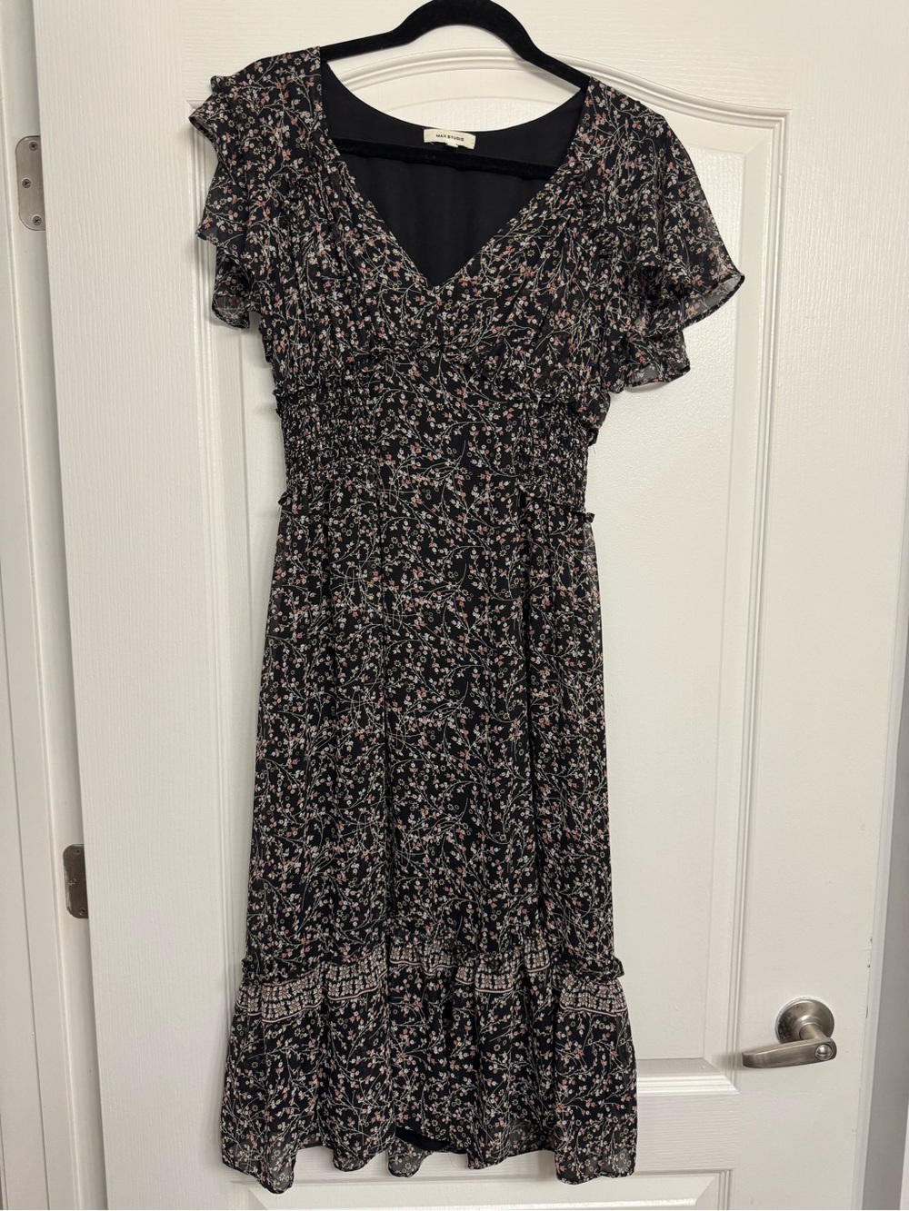 Max Studio Black Midi Dress with Pink & White Floral Print
